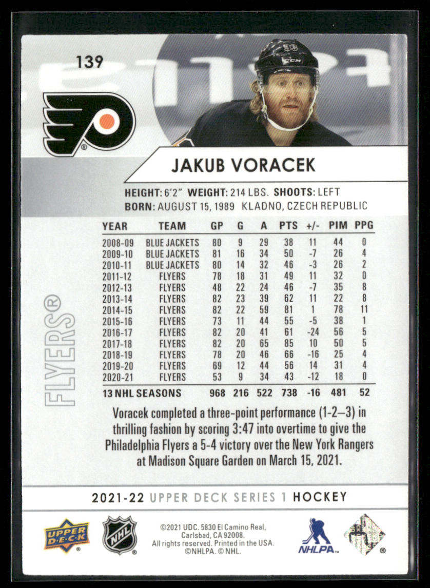 Jakub Voracek 2021-22 Upper Deck #139 Philadelphia Flyers