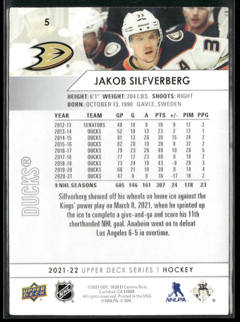 Jakob Silfverberg 2021-22 Upper Deck #5 Anaheim Ducks