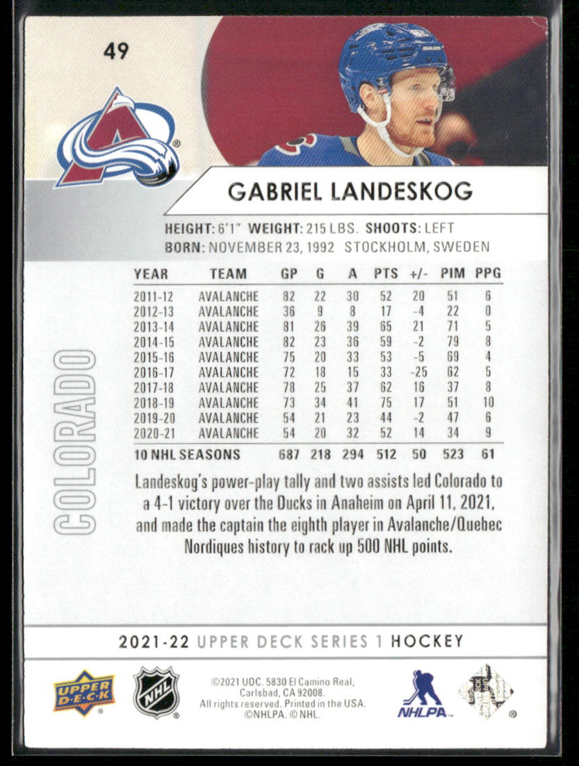 Gabriel Landeskog 2021-22 Upper Deck #49 Colorado Avalanche