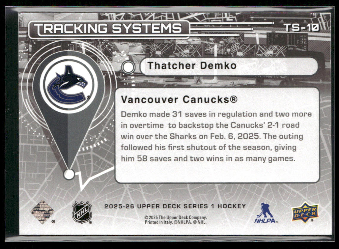 Thatcher Demko 2025-26 Upper Deck Tracking Systems #TS-10 Vancouver Canucks