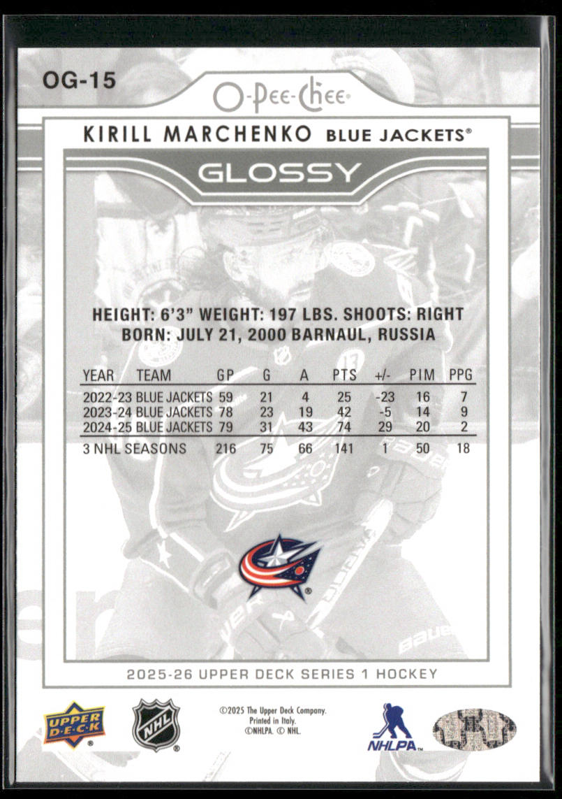 Kirill Marchenko 2025-26 Upper Deck O-Pee-Chee Glossy #OG-15 Blue Jackets back