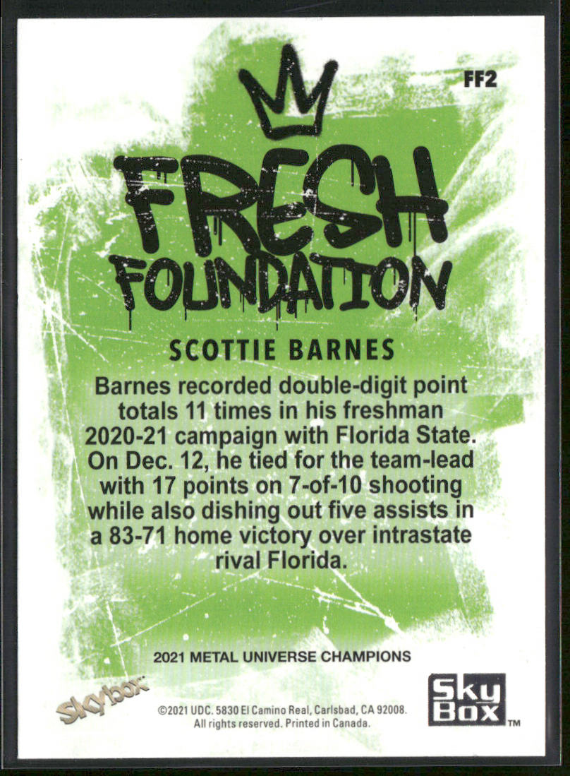 Scottie Barnes 2021 SkyBox Metal Universe Champions Fresh Foundation #FF2 back
