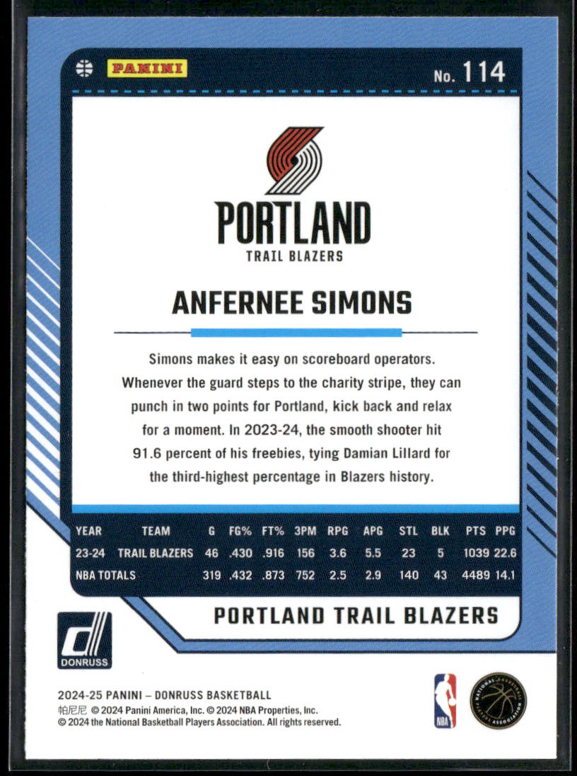 Anfernee Simons 2024-25 Donruss #114 Portland Trail Blazers