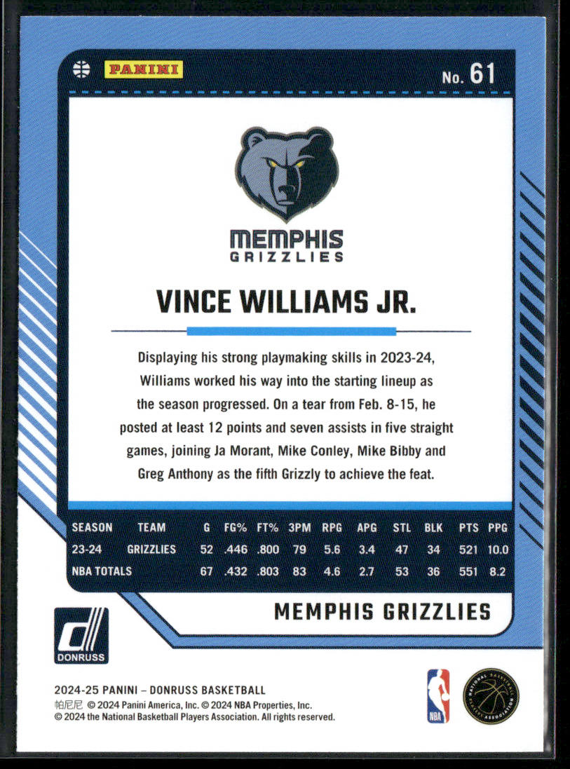 Vince Williams Jr. 2024-25 Donruss #61 Memphis Grizzlies