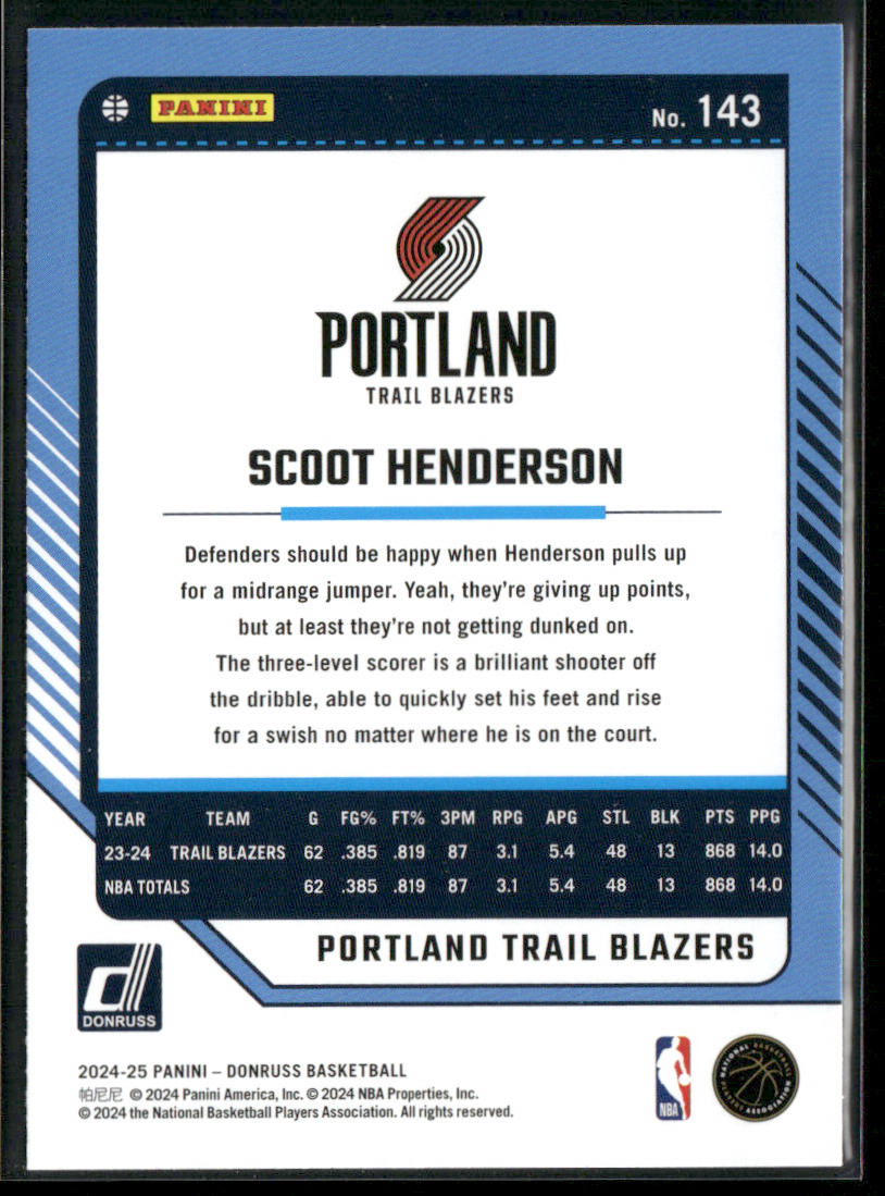 Scoot Henderson 2024-25 Donruss #143 Portland Trail Blazers