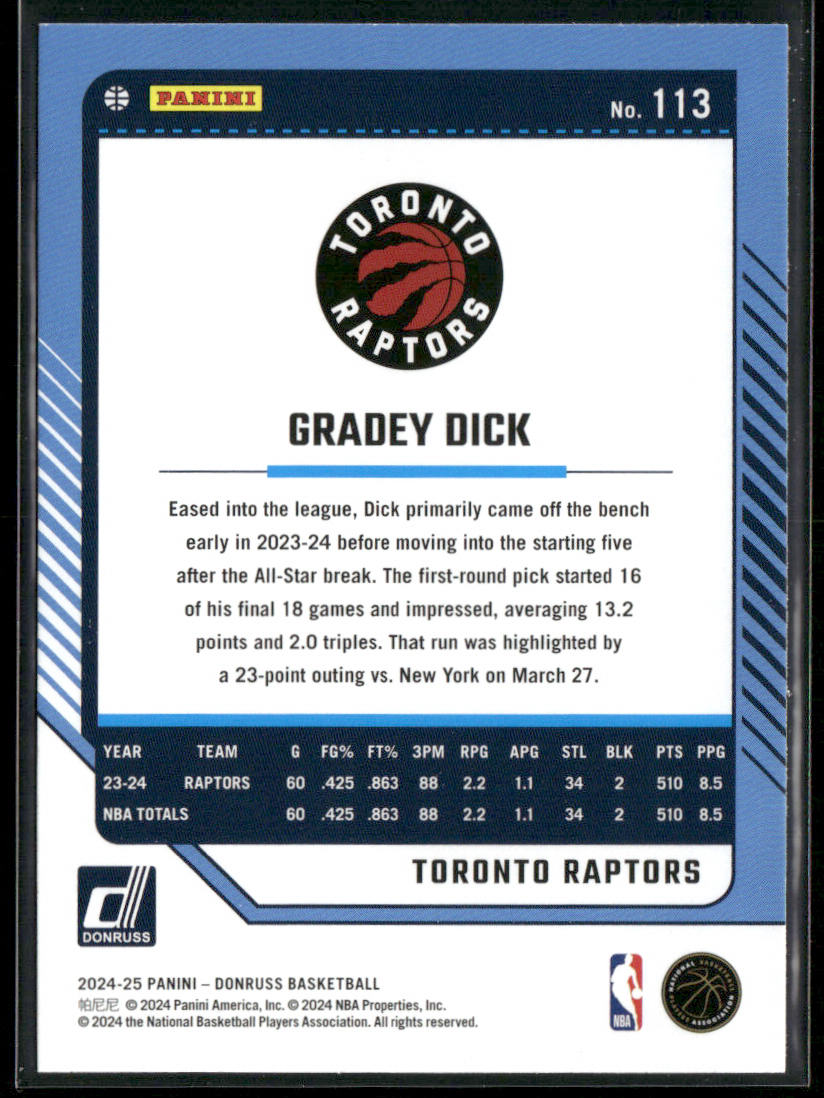 Gradey Dick 2024-25 Donruss #113 Toronto Raptors