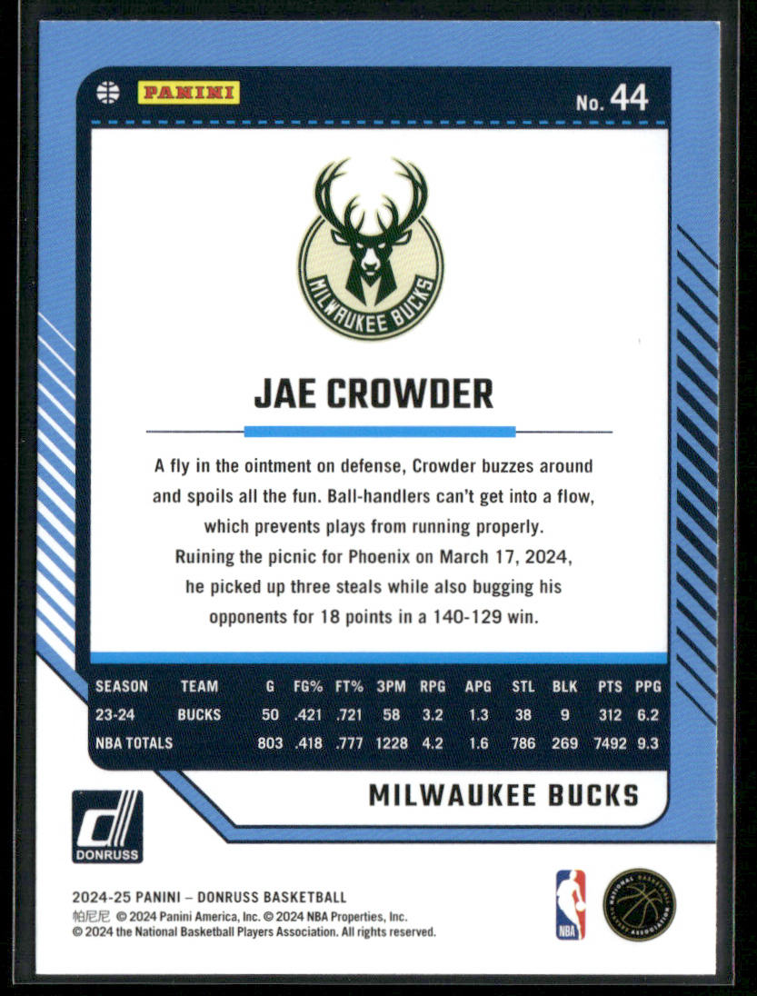 Jae Crowder 2024-25 Donruss #44 Milwaukee Bucks