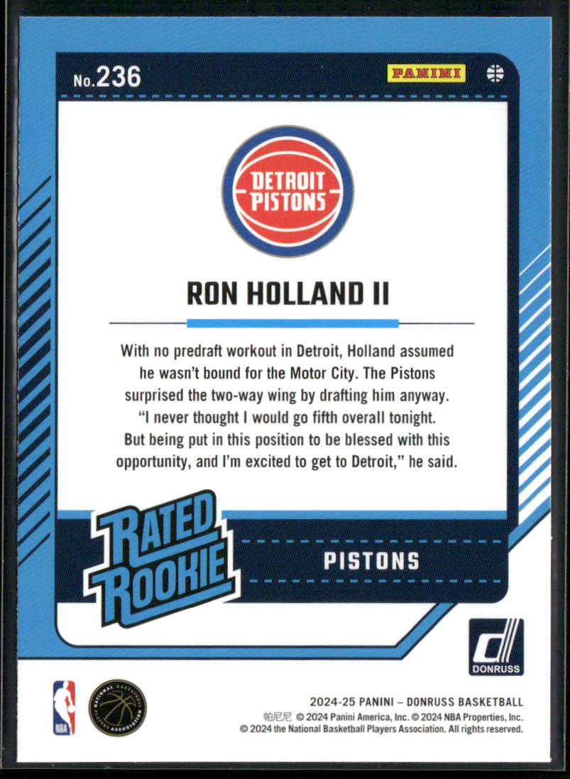 Ron Holland II 2024-25 Donruss #236 RC Detroit Pistons