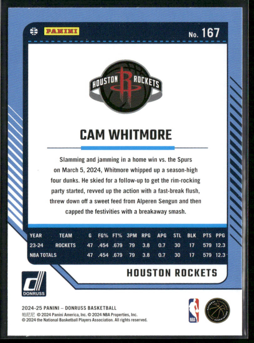 Cam Whitmore 2024-25 Donruss #167 Houston Rockets