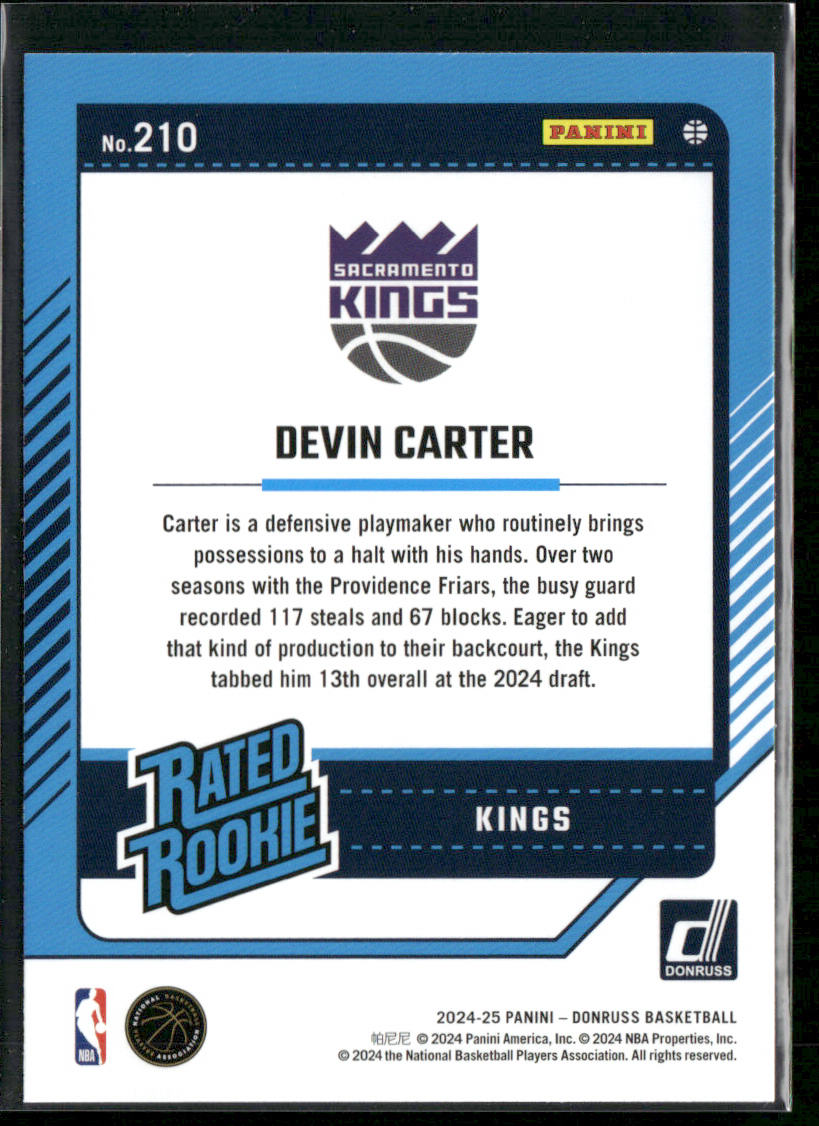 Devin Carter 2024-25 Donruss #210 RC Sacramento Kings