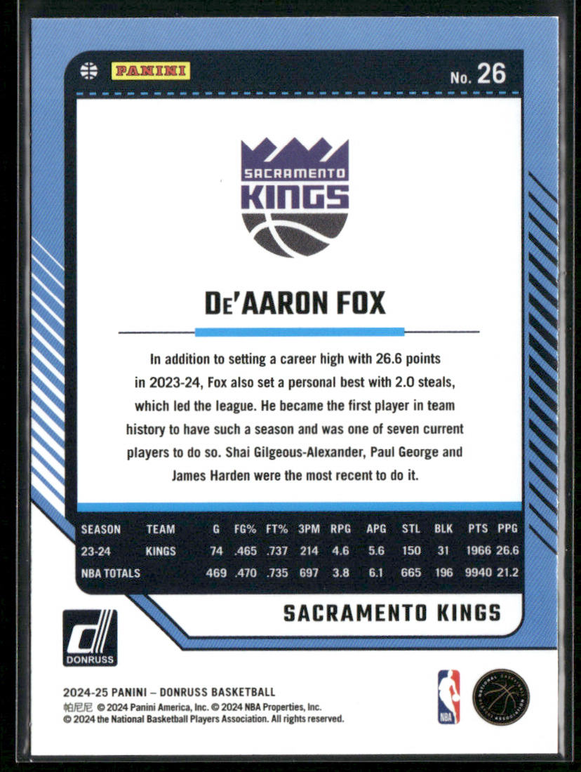 De'Aaron Fox 2024-25 Donruss Holo Green Laser #26 Sacramento Kings
