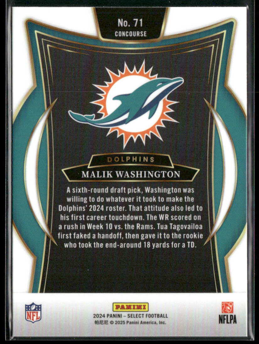Malik Washington 2024 Panini Select #71 RC Miami Dolphins back