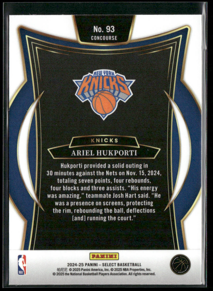 Ariel Hukporti 2024-25 Panini Select Blue (Retail) #93 RC New York Knicks