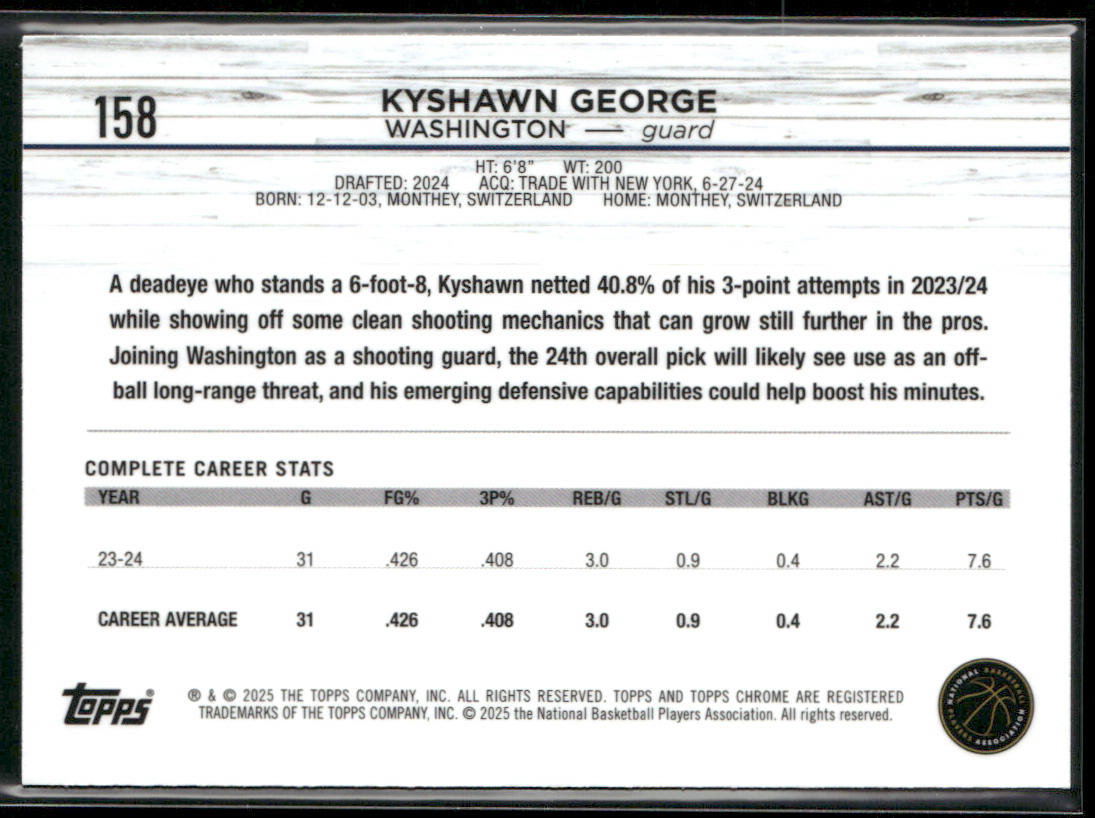 Kyshawn George 2024-25 Topps Chrome #158 RC Washington Wizards