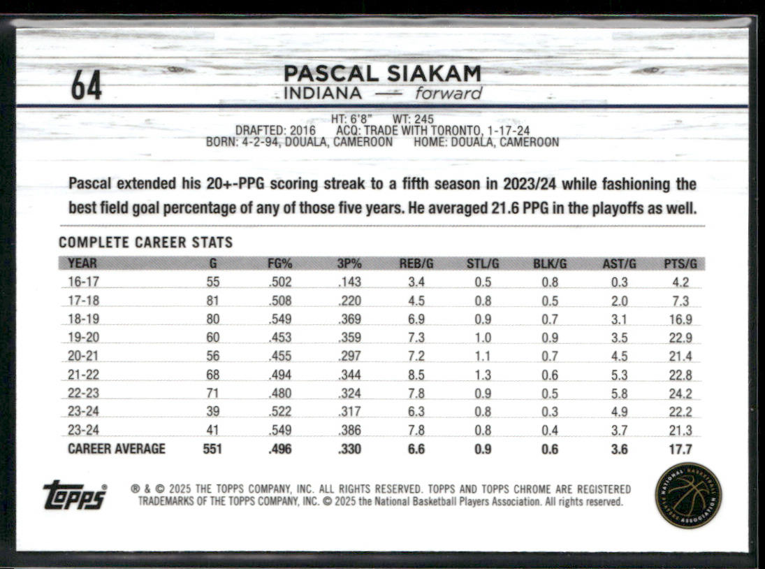 Pascal Siakam 2024-25 Topps Chrome #64 Indiana Pacers