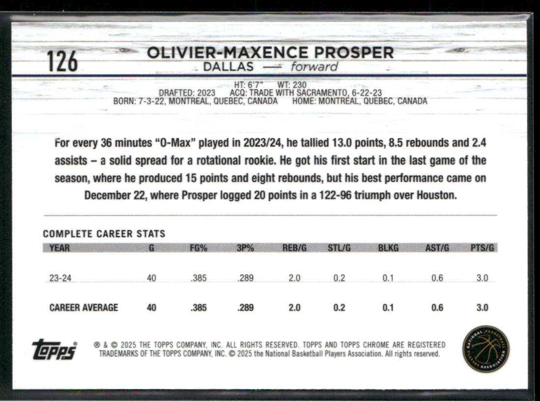 Olivier-Maxence Prosper 2024-25 Topps Chrome #126 Dallas Mavericks