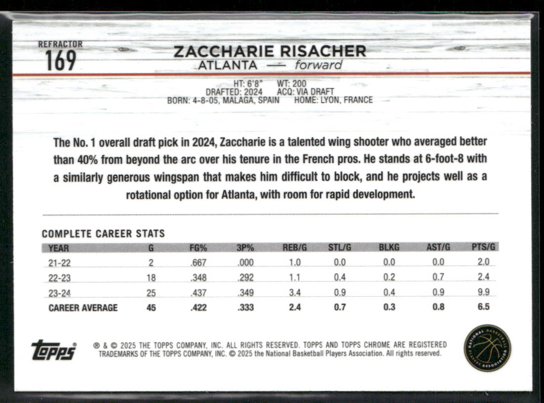 Zaccharie Risacher 2024-25 Topps Chrome Refractor #169 RC Atlanta Hawks