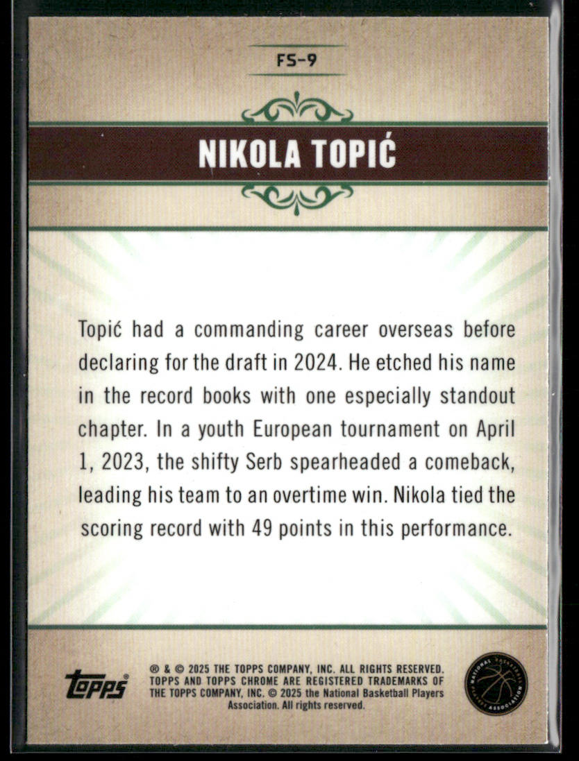 Nikola Topić 2024-25 Topps Chrome Fresh Start #FS-9 Oklahoma City Thunder