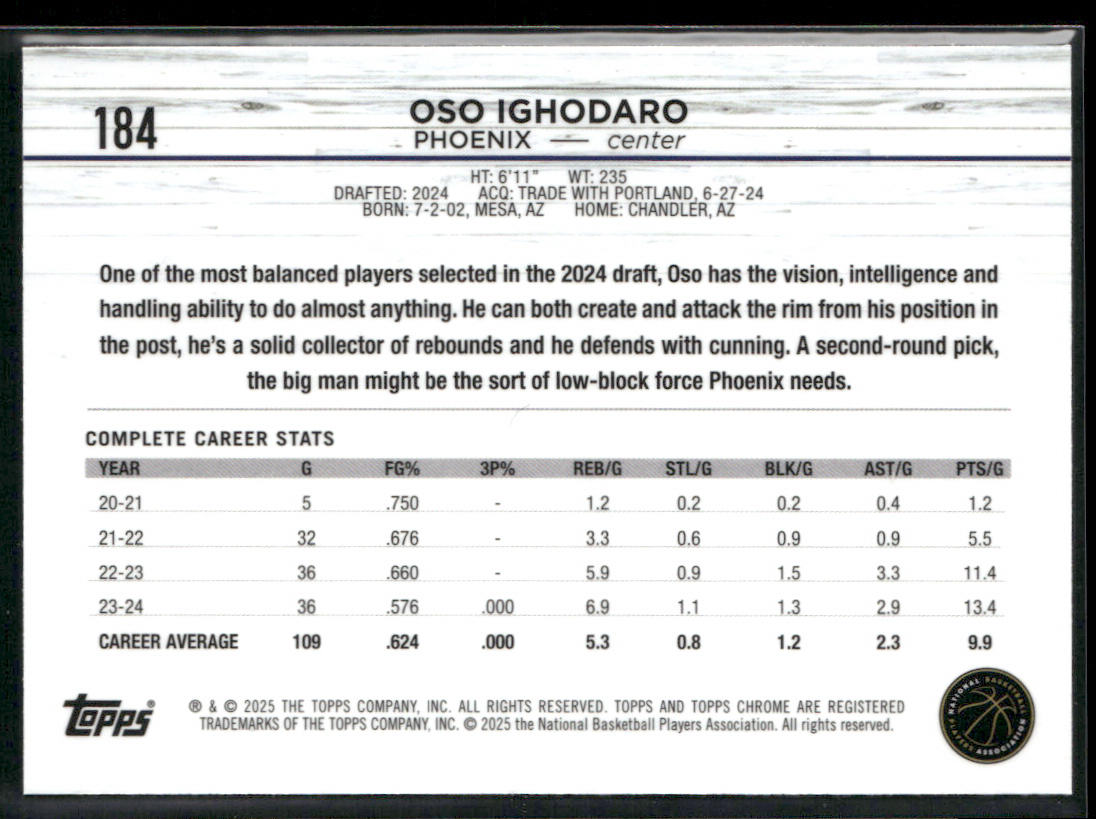 Oso Ighodaro 2024-25 Topps Chrome #184 RC Phoenix Suns