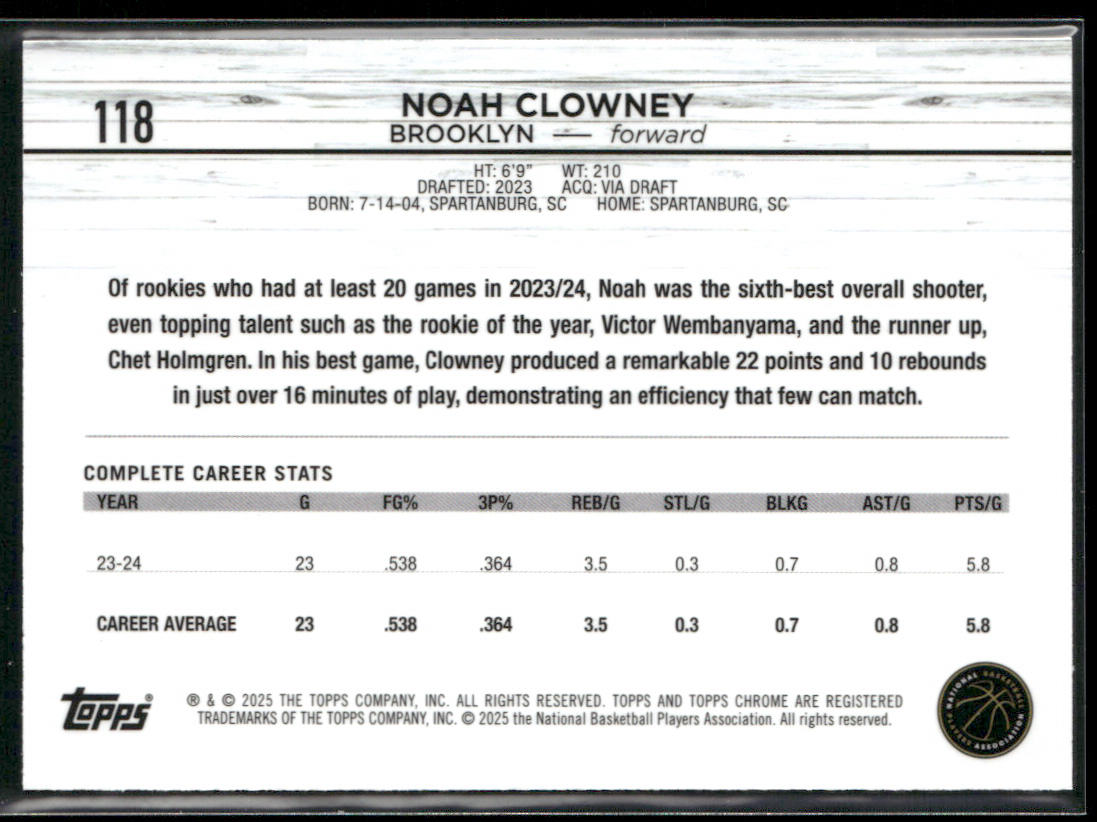 Noah Clowney 2024-25 Topps Chrome #118 Brooklyn Nets back
