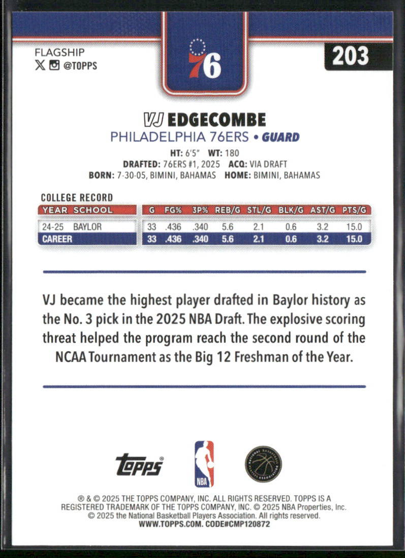 VJ Edgecombe 2025-26 Topps #203 RC Philadelphia 76ers