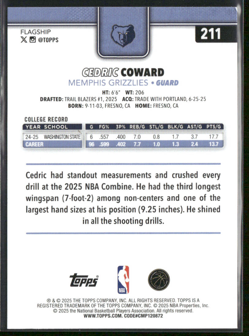 Cedric Coward 2025-26 Topps #211 RC Memphis Grizzlies back