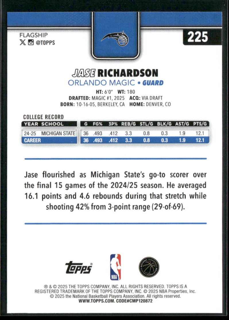 Jase Richardson 2025-26 Topps #225 RC Orlando Magic back