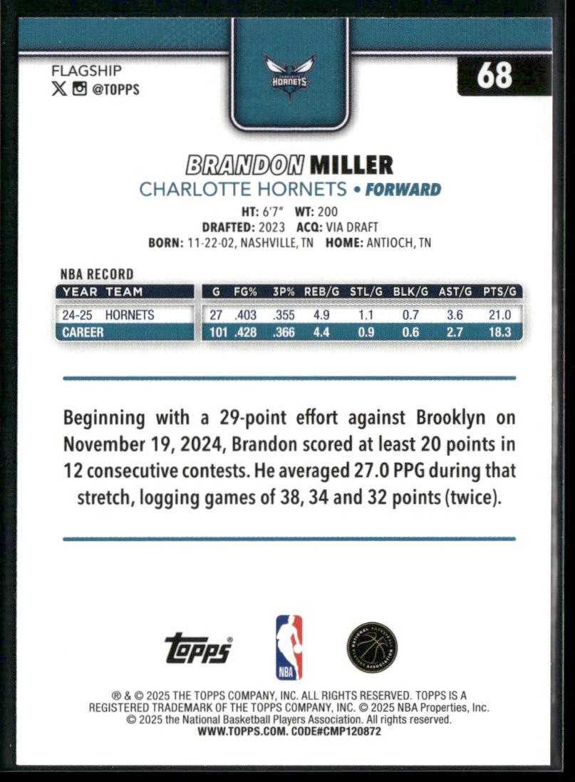 Brandon Miller 2025-26 Topps #68 Charlotte Hornets back