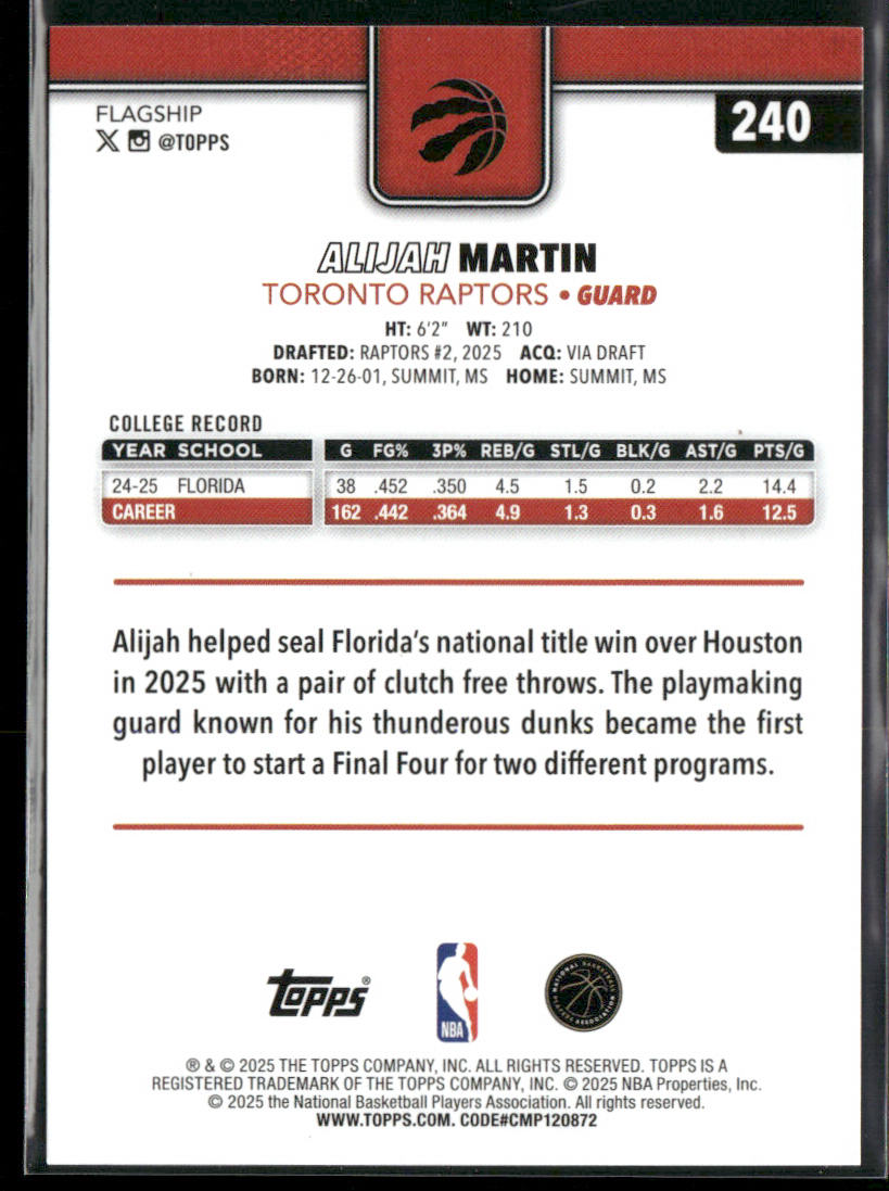 Alijah Martin 2025-26 Topps #240 RC Toronto Raptors back