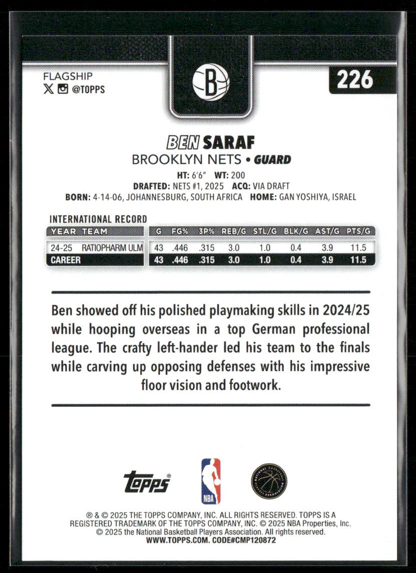 Ben Saraf 2025-26 Topps #226 RC Brooklyn Nets back