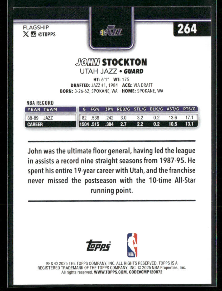 John Stockton 2025-26 Topps #264 Utah Jazz back