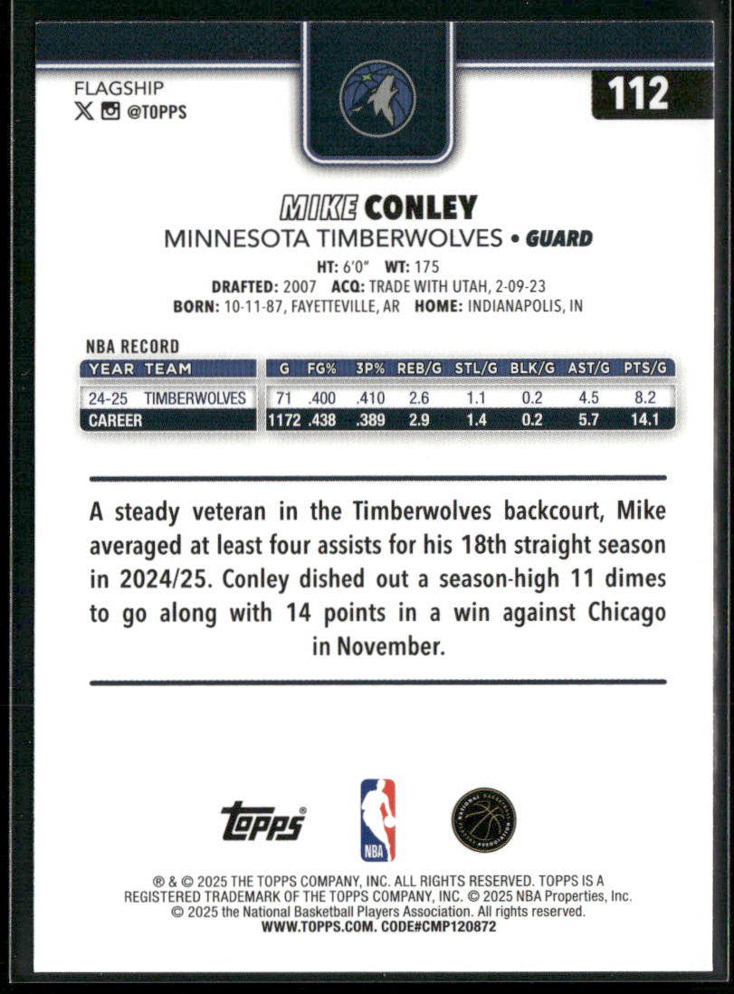 Mike Conley 2025-26 Topps #112 Minnesota Timberwolves back