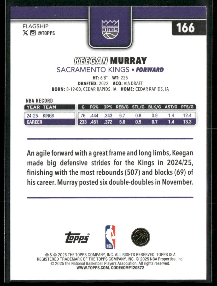 Keegan Murray 2025-26 Topps #166 Sacramento Kings back