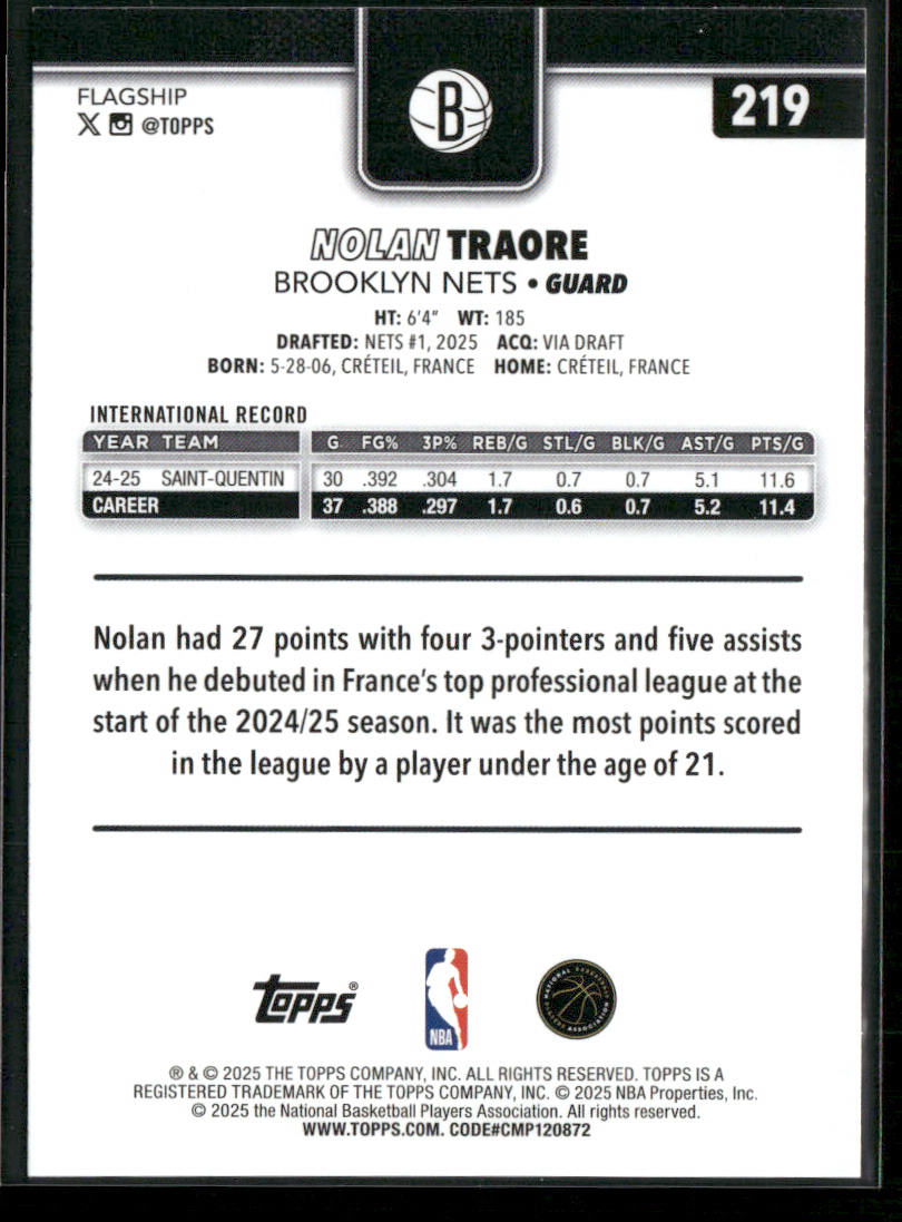 Nolan Traore 2025-26 Topps #219 RC Brooklyn Nets