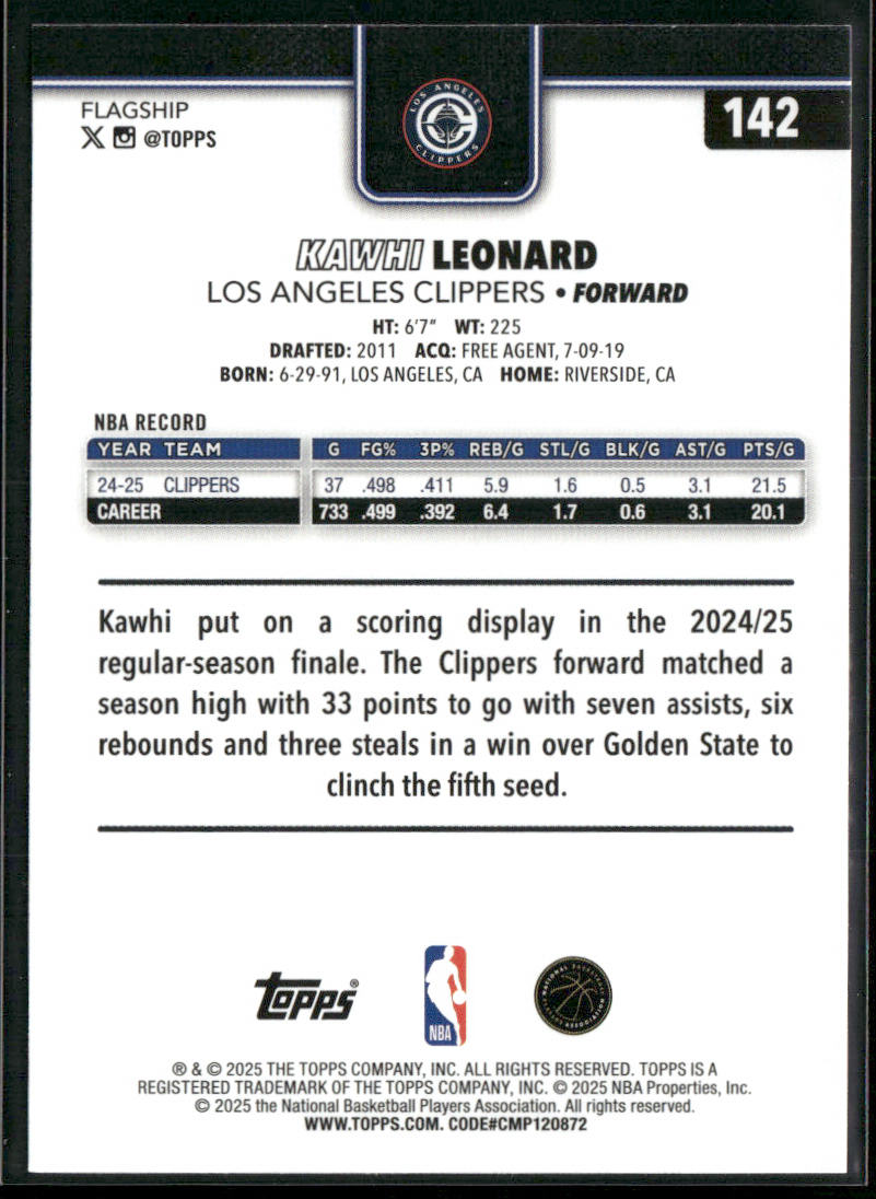 Kawhi Leonard 2025-26 Topps #142 Los Angeles Clippers back