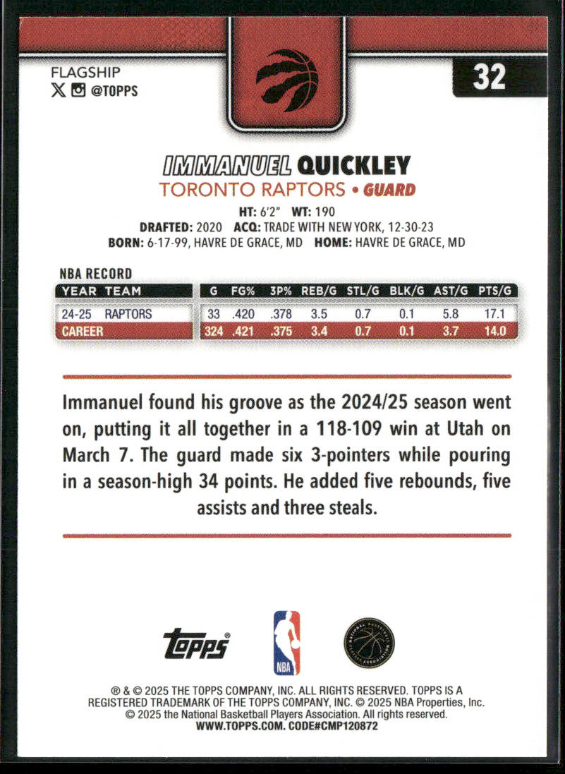 Immanuel Quickley 2025-26 Topps #32 Toronto Raptors back