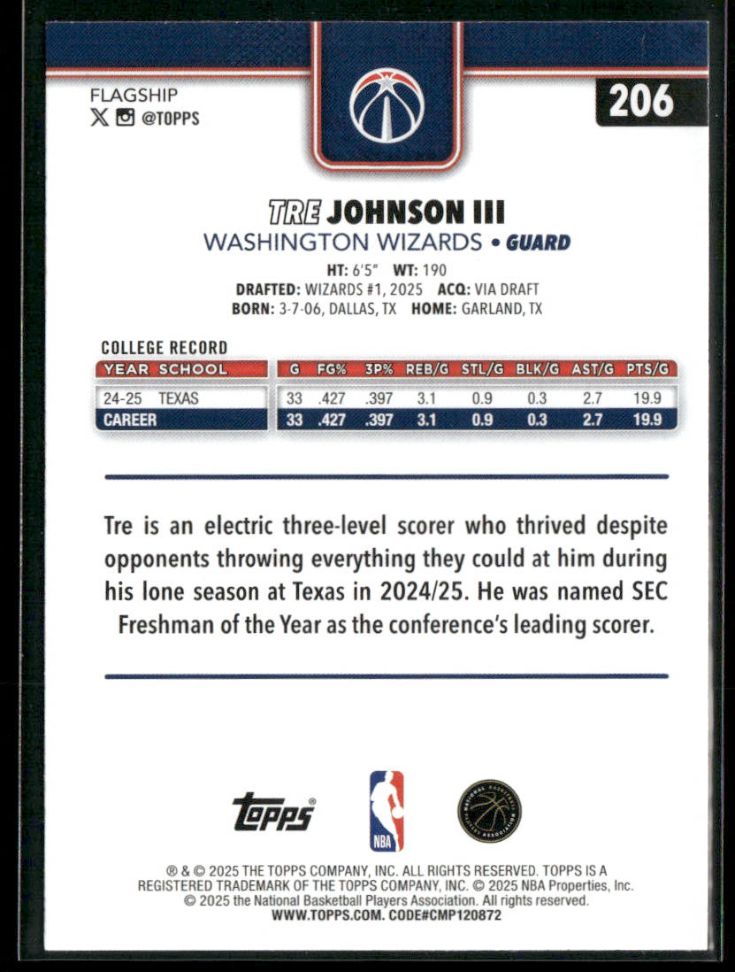 Tre Johnson III 2025-26 Topps #206 RC Washington Wizards back