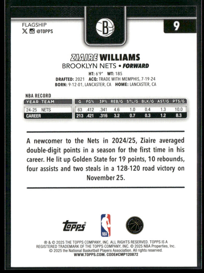 Ziaire Williams 2025-26 Topps #9 Brooklyn Nets back