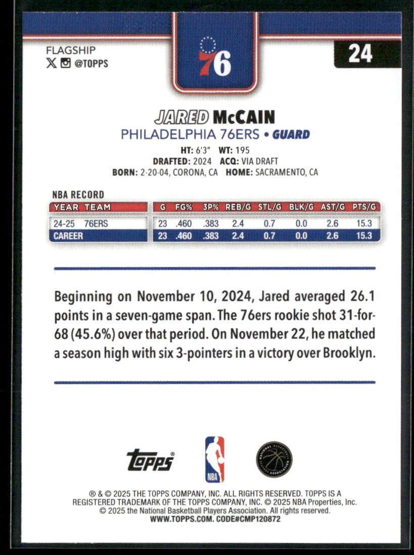 Jared McCain 2025-26 Topps #24 Philadelphia 76ers back