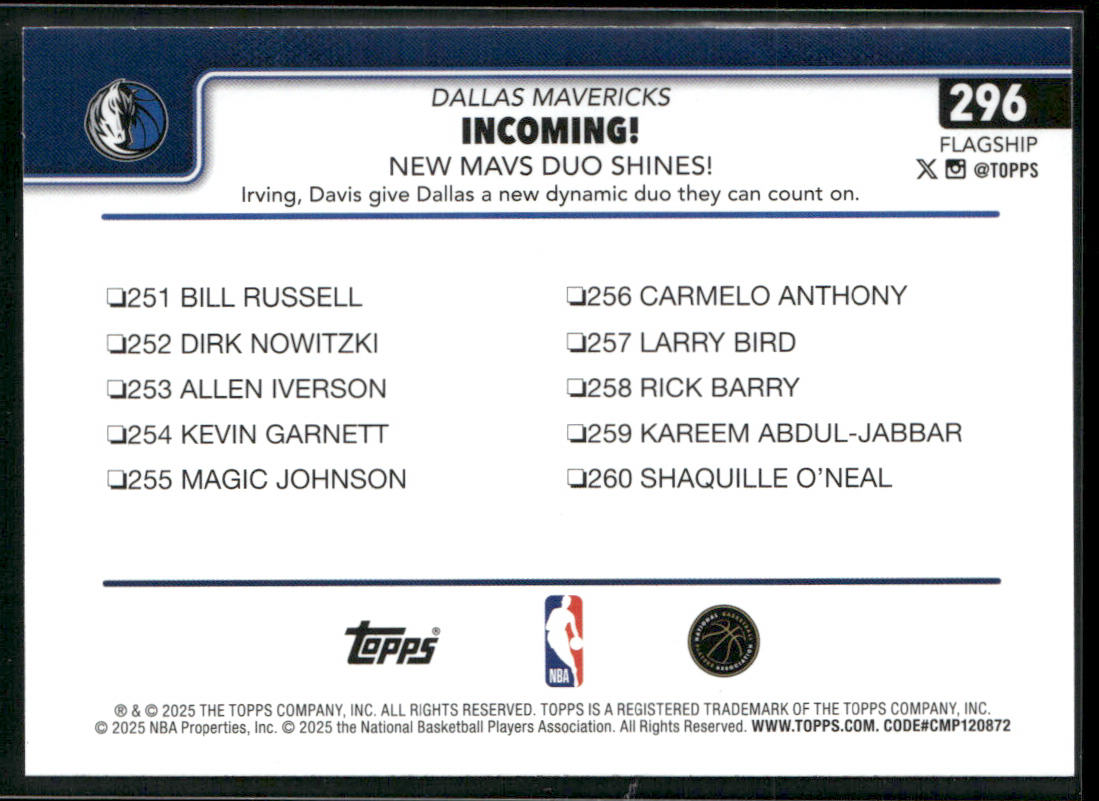Incoming!: New Mavs Duo Shines! 2025-26 Topps #296 Dallas Mavericks back