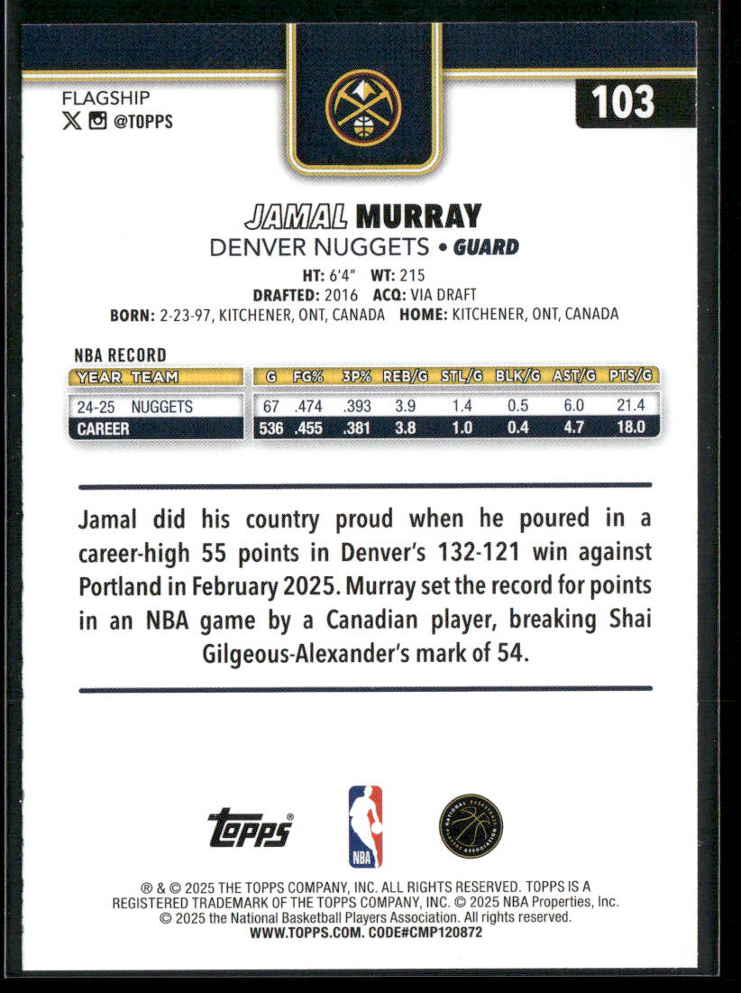 Jamal Murray 2025-26 Topps #103 Denver Nuggets back