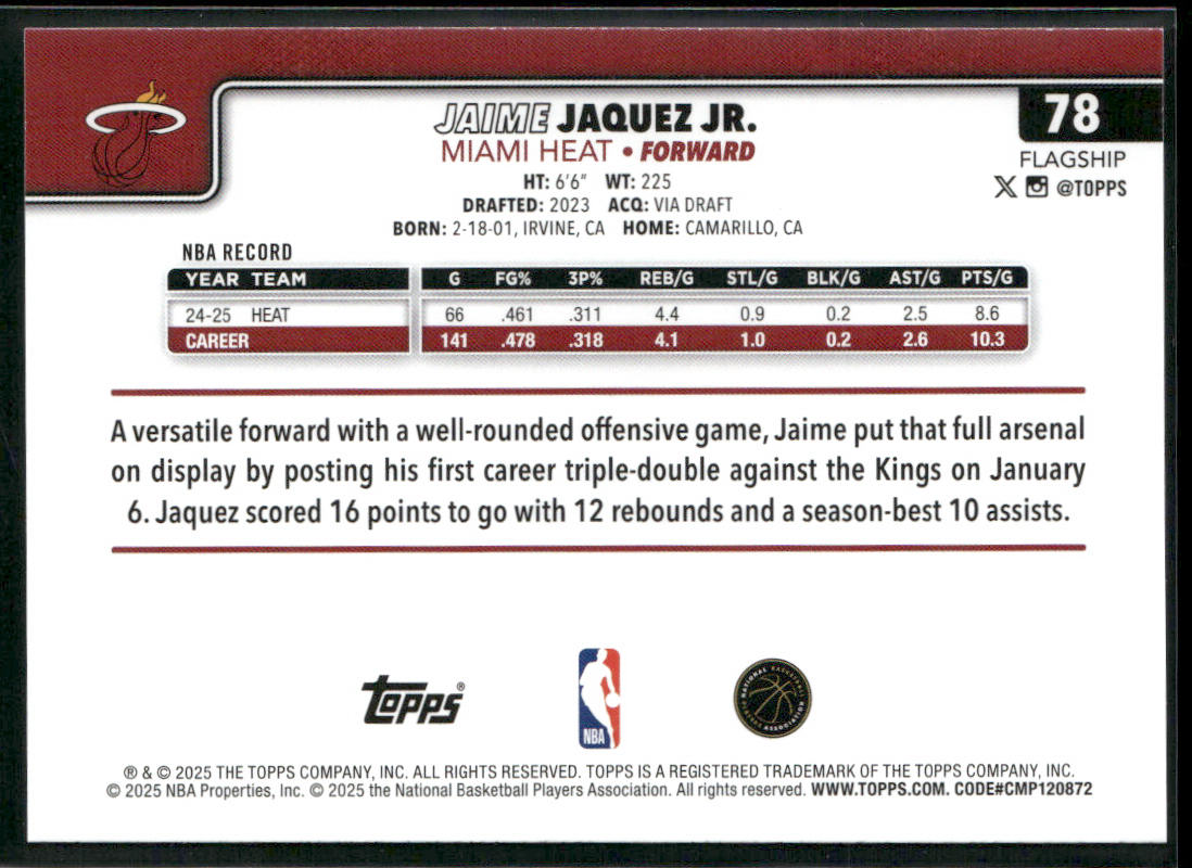 Jaime Jaquez Jr. 2025-26 Topps #78 Miami Heat back