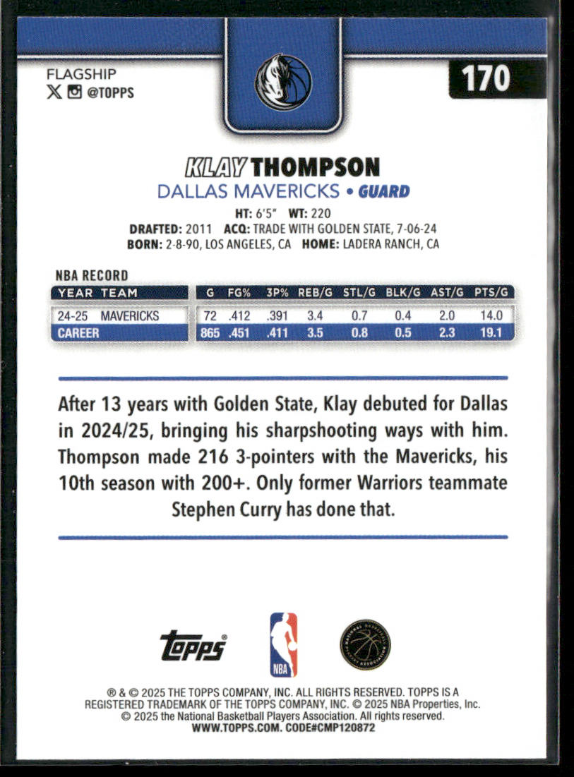 Klay Thompson 2025-26 Topps #170 Dallas Mavericks back