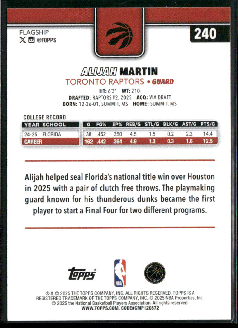 Alijah Martin 2025-26 Topps Sandglitter #240 RC Toronto Raptors
