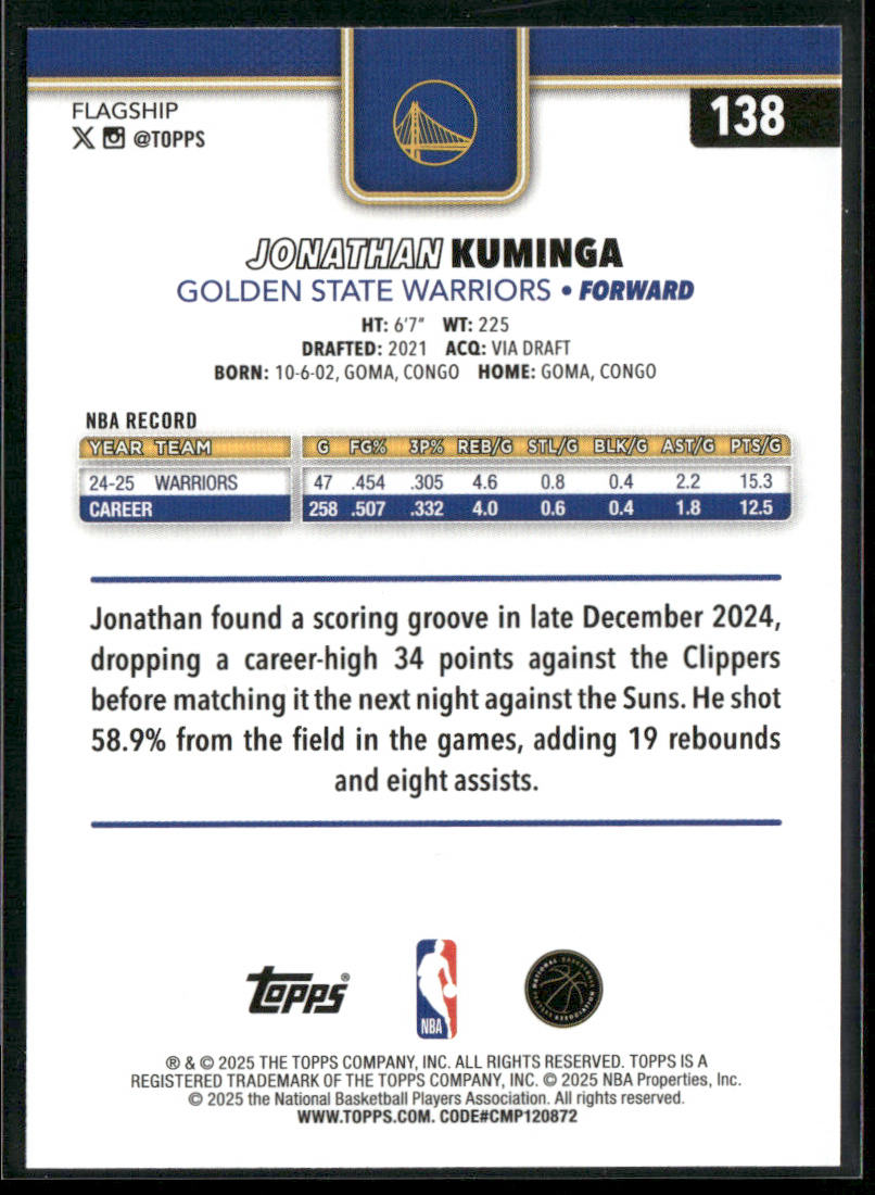 Jonathan Kuminga 2025-26 Topps #138 Golden State Warriors back