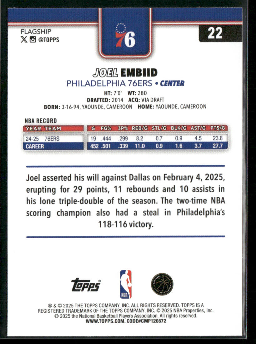 Joel Embiid 2025-26 Topps #22 Philadelphia 76ers back