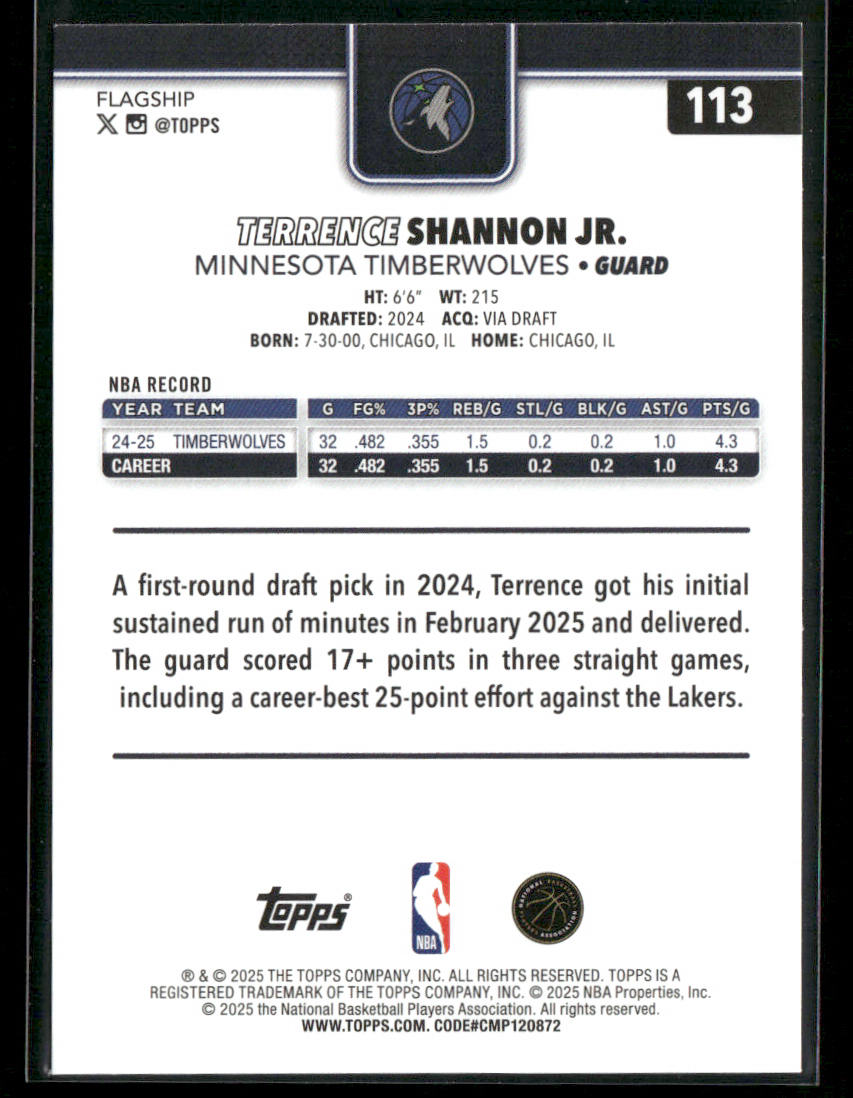 Terrence Shannon Jr. 2025-26 Topps #113 Minnesota Timberwolves back