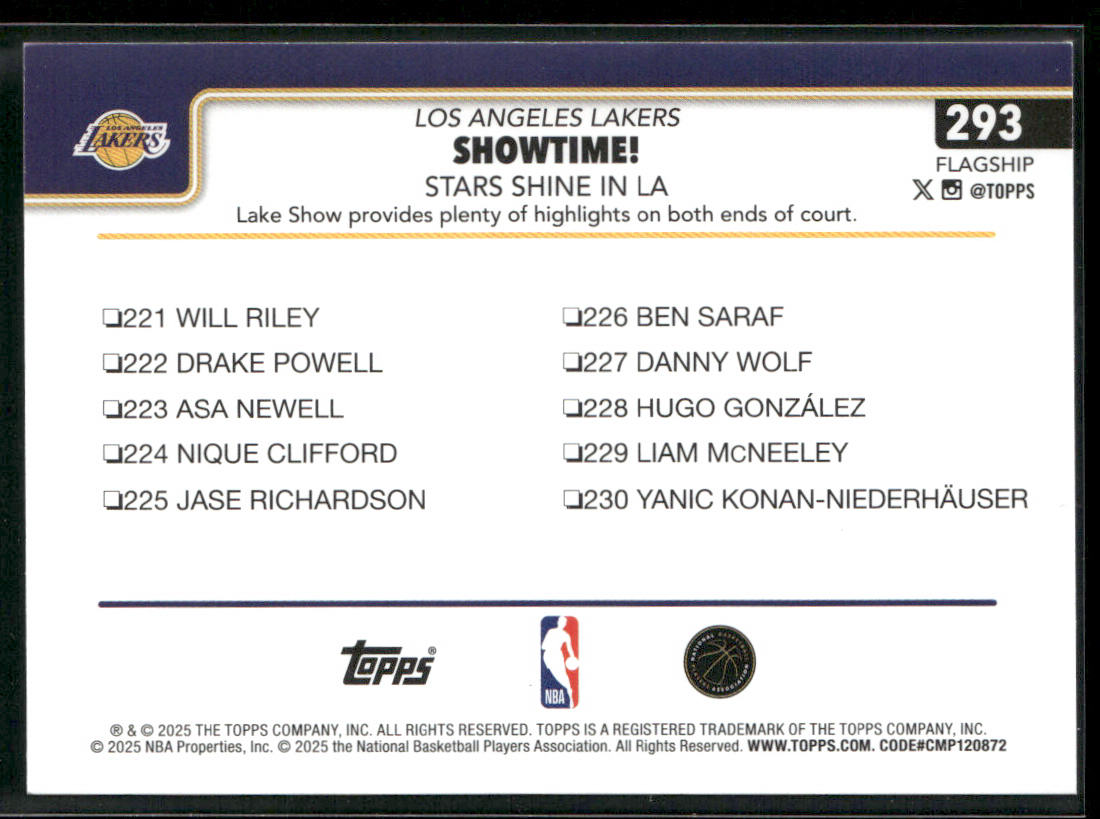 Showtime!: Stars Shine in 2025-26 Topps #293 Los Angeles Lakers back