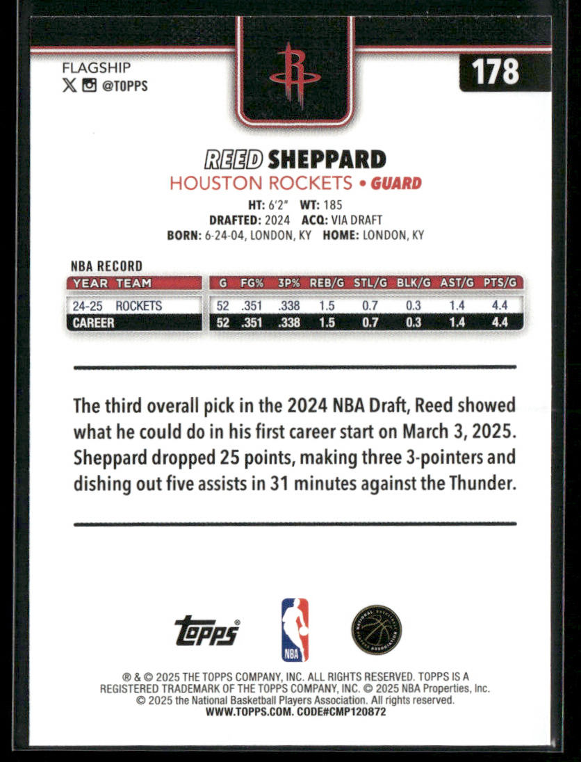 Reed Sheppard 2025-26 Topps #178 Houston Rockets back