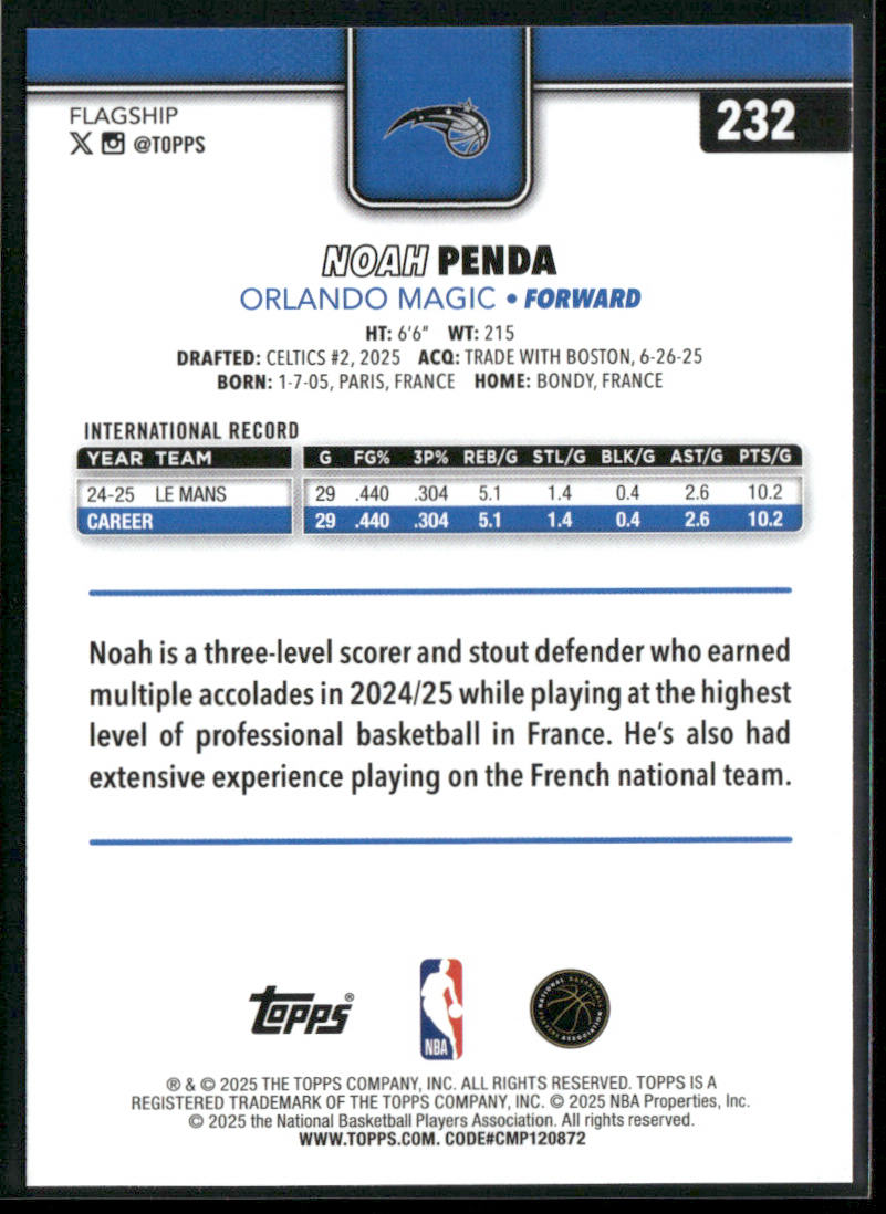 Noah Penda 2025-26 Topps #232 RC Orlando Magic back